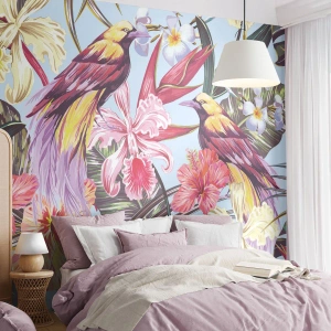 Fotobehang Standard Eco - Bloemblaadjes en veren - Vogel, Bloemen, Tuin - 350x256 cm