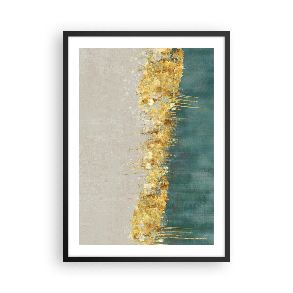 Poster in een zwarte lijst - Een abstracte compositie van goud, beige en groen - 50x70cm - De gouden rand - Moderne wanddecoratie voor woonkamer en slaapkamer ARTTOR