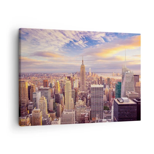 Schilderen op canvas - Panorama van een moderne stad met wolkenkrabbers bij zonsondergang - 70x50cm - Reik alleen naar de wolken - Moderne wanddecoratie voor woonkamer en slaapkamer ARTTOR
