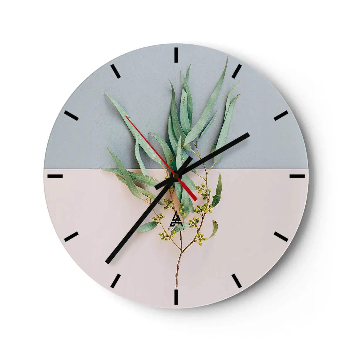 Wandklok - Klok - Een groene tak tegen een achtergrond van blauwe en beige pastels - 30x30cm - Subtiliteit in pastelkleuren - Moderne wanddecoratie voor woonkamer, keuken en slaapkamer ARTTOR