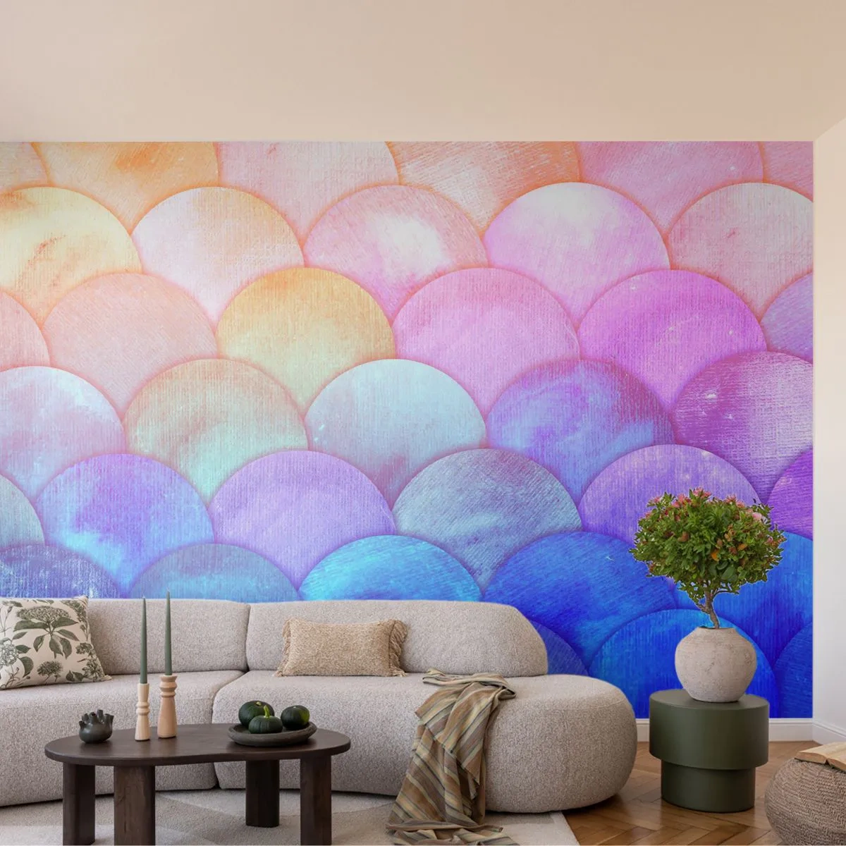 Fotobehang Standard Eco - Parel schaal - Pastel, Bubbels, Schubben - 450x315 cm
