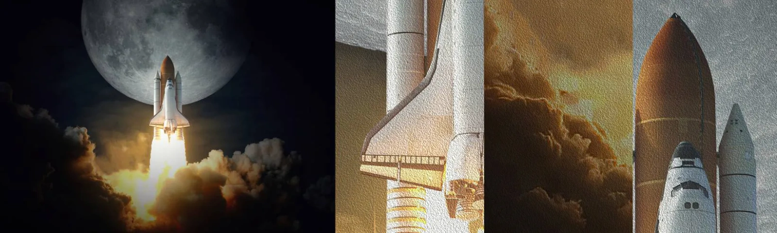 Fotobehang Monster Premium Sand - Het begin van een onaards avontuur - Maan, Een ruimteraket, NASA - 100x30 cm