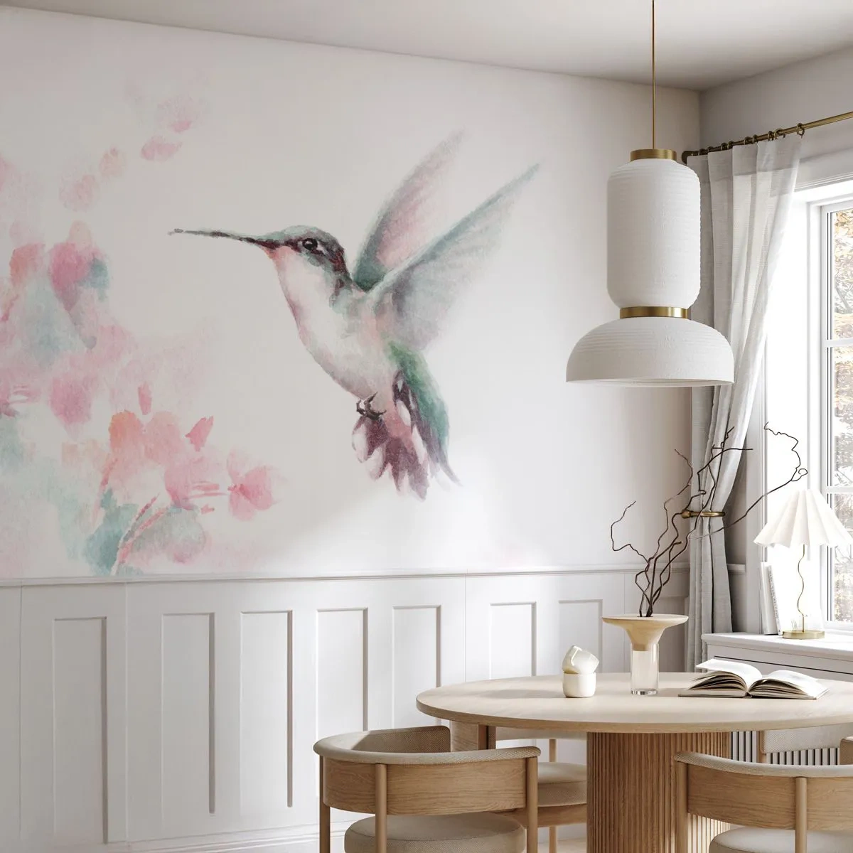 Zelfklevend Fotobehang Deluxe Sticker - Vastgehouden tijdens fladderen - Kolibrie, Vogel, Deel - 250x175 cm
