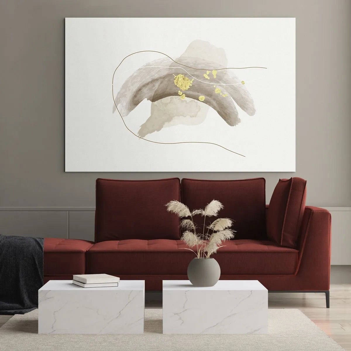 Schilderen op glas - Beige en gouden abstractie met delicate lijnen en vormen - 70x50cm - Ontmoet in de ruimte - Moderne wanddecoratie voor woonkamer en slaapkamer ARTTOR