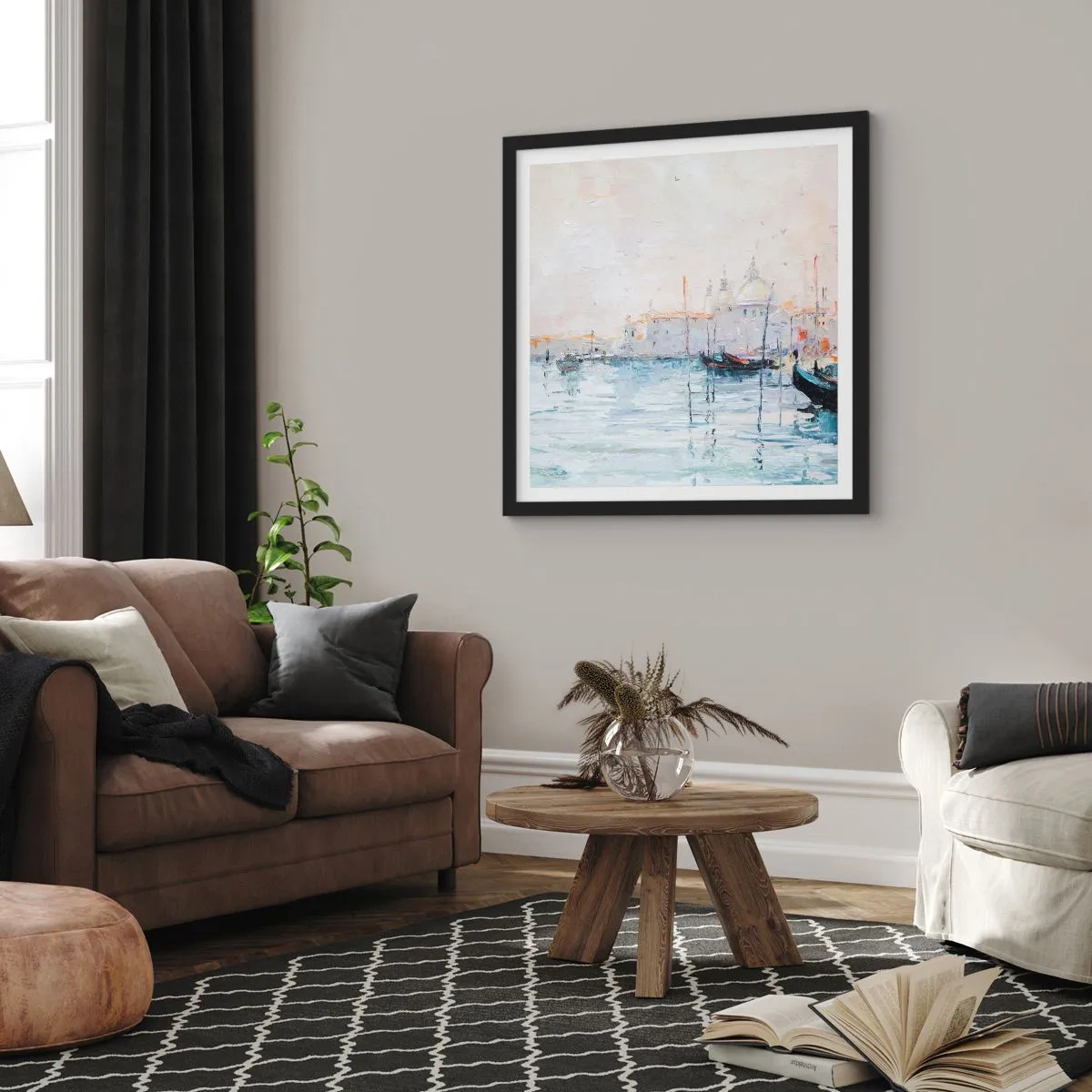 Poster in een zwarte lijst - Achter het water, achter de mist - 60x60 cm