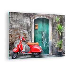 Schilderen op glas - Rode scooter tegen een groene deur - 70x50cm - Italiaanse vakantie - Moderne wanddecoratie voor woonkamer en slaapkamer ARTTOR