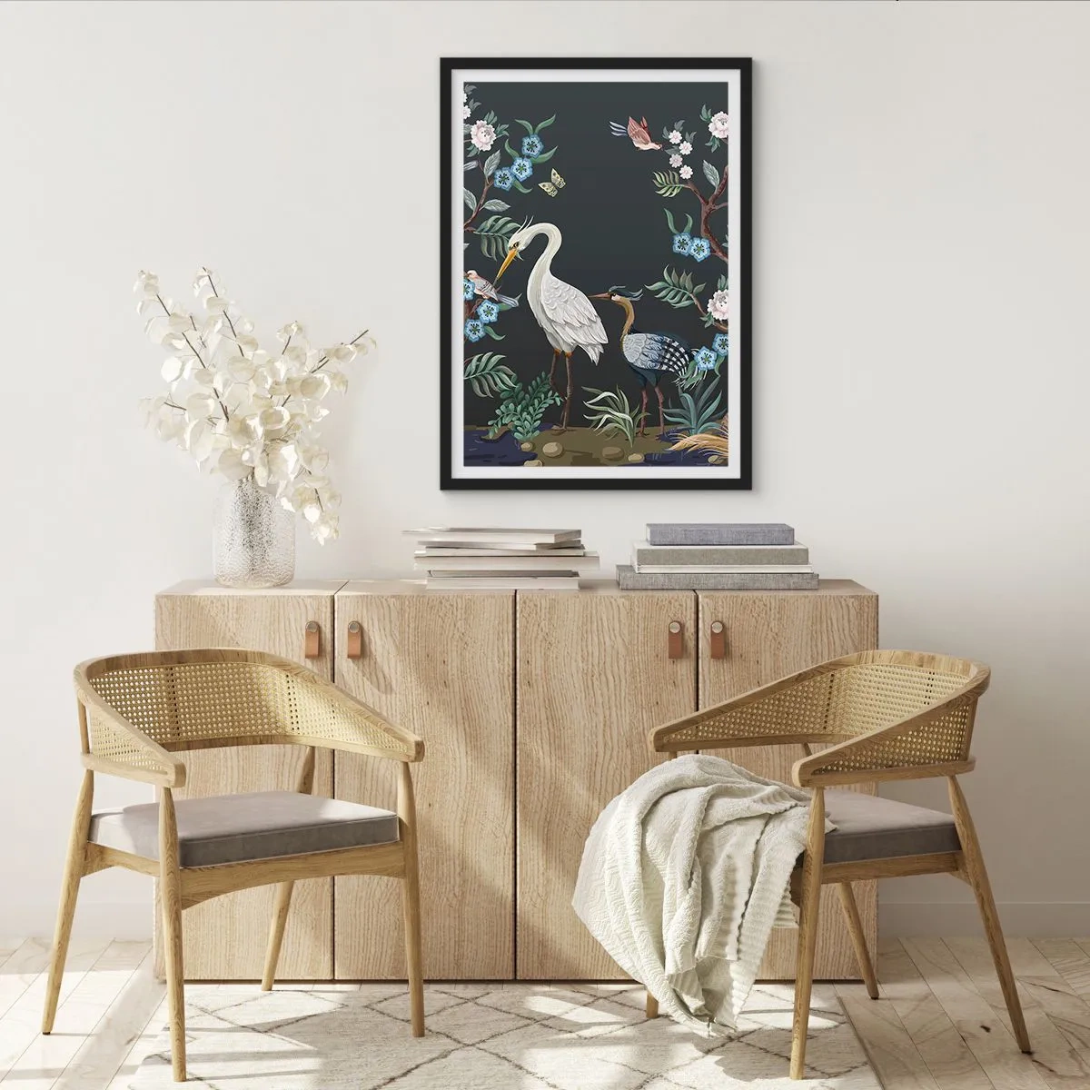 Poster in een zwarte lijst - Illustratie van vogels tussen bloemen op een donkere achtergrond - 50x70cm - Vogelparade - Moderne wanddecoratie voor woonkamer en slaapkamer ARTTOR