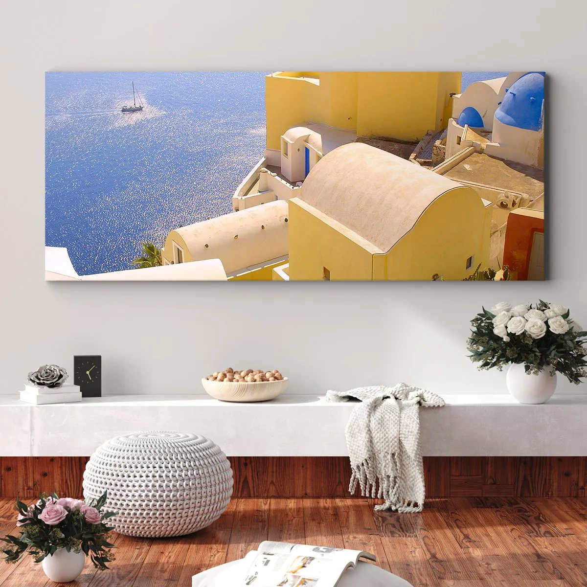 Schilderen op canvas - Grieks landschap in wit en blauw - 140x50 cm