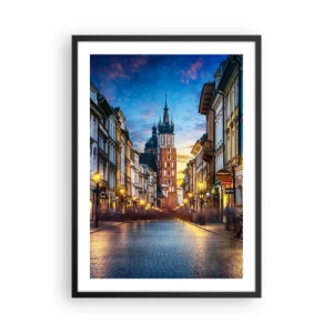 Poster in een zwarte lijst - Avondzicht op de Grodzka-straat en de Mariakerk in Krakau - 50x70cm - Charme van Krakau - Moderne wanddecoratie voor woonkamer en slaapkamer ARTTOR