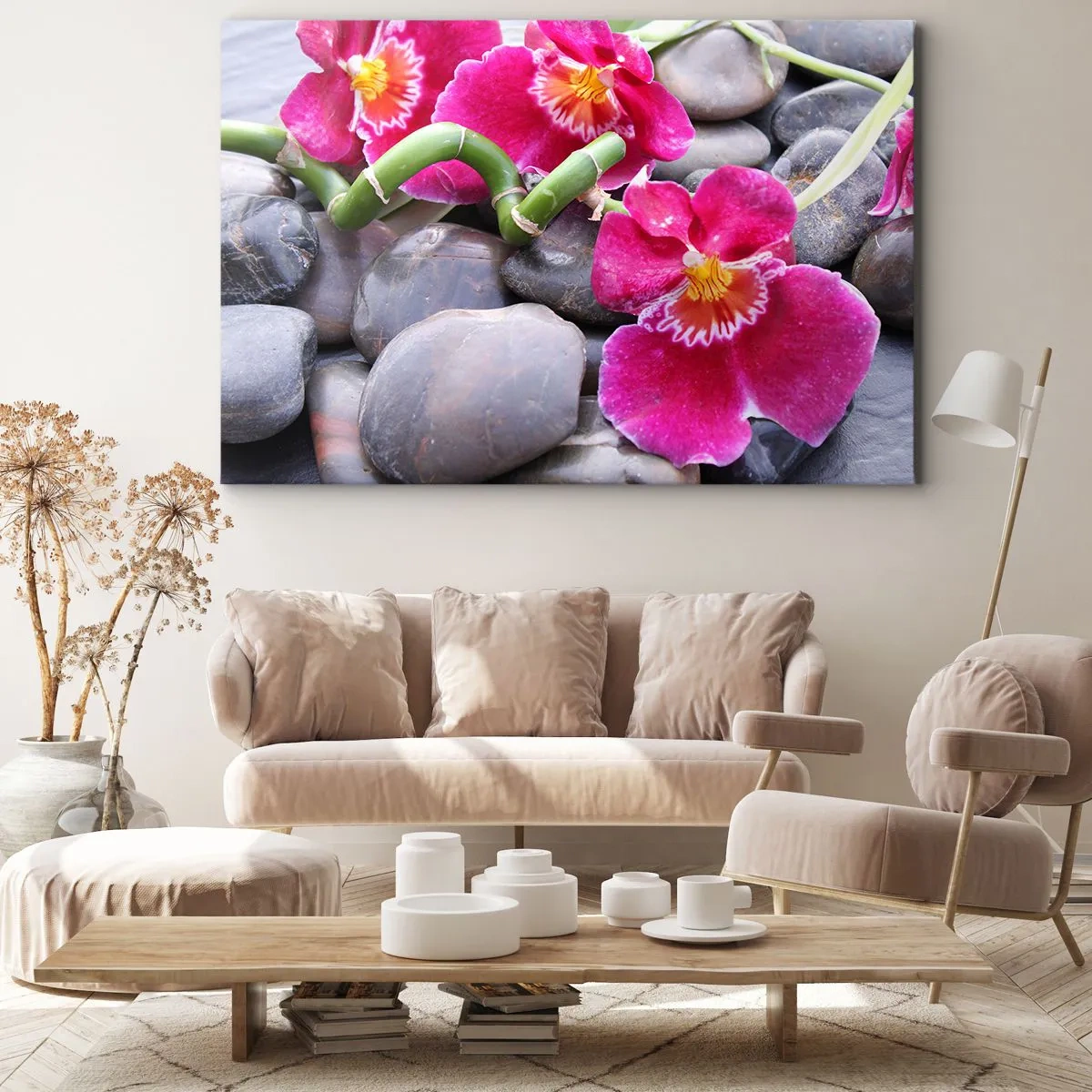 Schilderen op canvas - Roze orchideeën tegen een achtergrond van gladde stenen - 70x50cm - Kou en hitte - Moderne wanddecoratie voor woonkamer en slaapkamer ARTTOR
