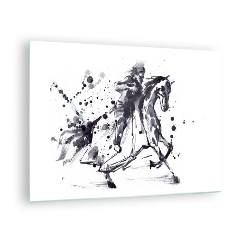 Schilderen op glas - Zwart-wit schilderij van een ruiter op een paard in abstracte stijl - 70x50cm - Zwarte ridder - Moderne wanddecoratie voor woonkamer en slaapkamer ARTTOR