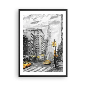 Poster in een zwarte lijst - Een straat in New York met gele taxi's op de achtergrond - 50x70cm - Een verhaal uit New York - Moderne wanddecoratie voor woonkamer en slaapkamer ARTTOR