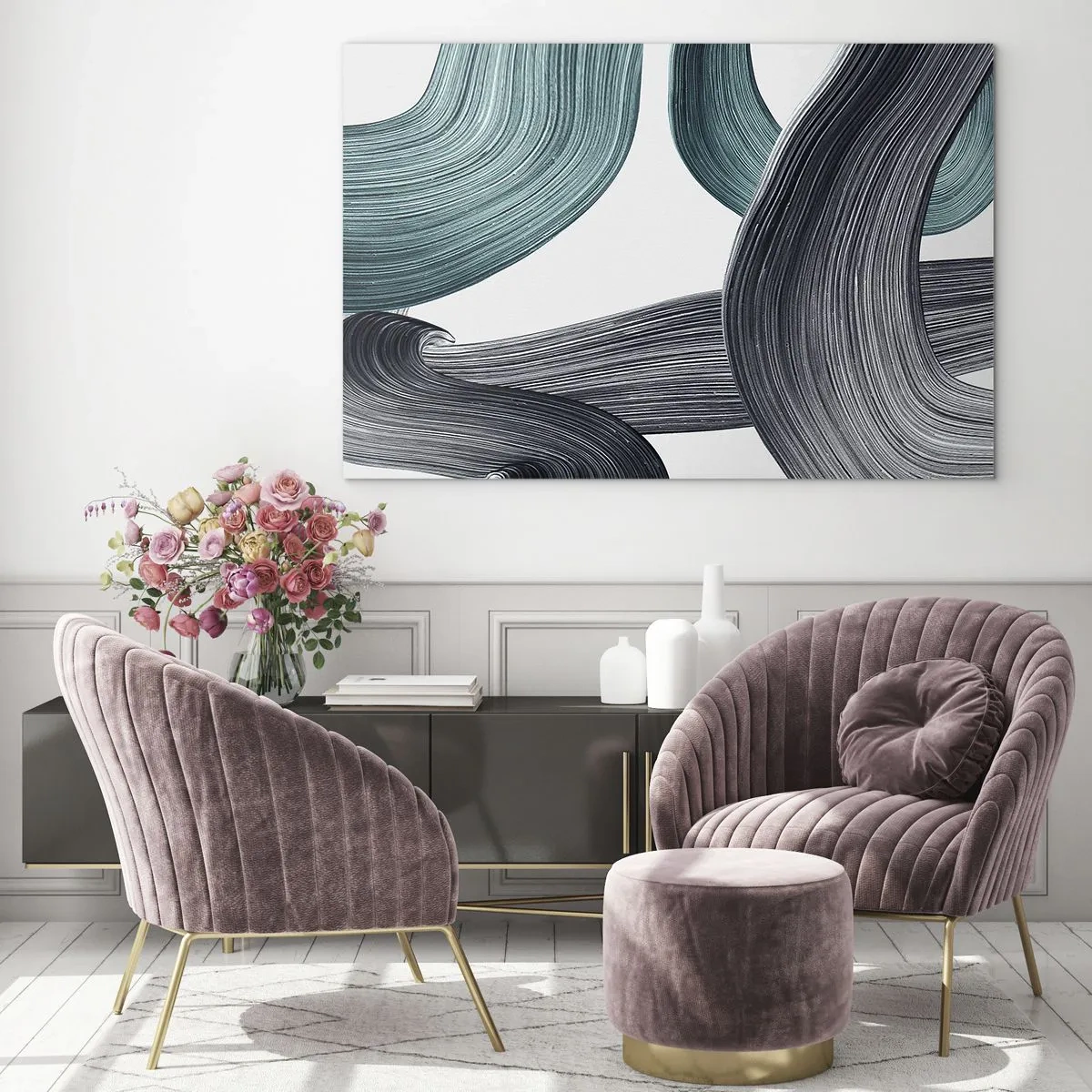 Schilderen op glas - Dynamische strepen in tinten smaragd en zwart op een witte achtergrond - 70x50cm - Smaragdgroene en zwarte paden - Moderne wanddecoratie voor woonkamer en slaapkamer ARTTOR