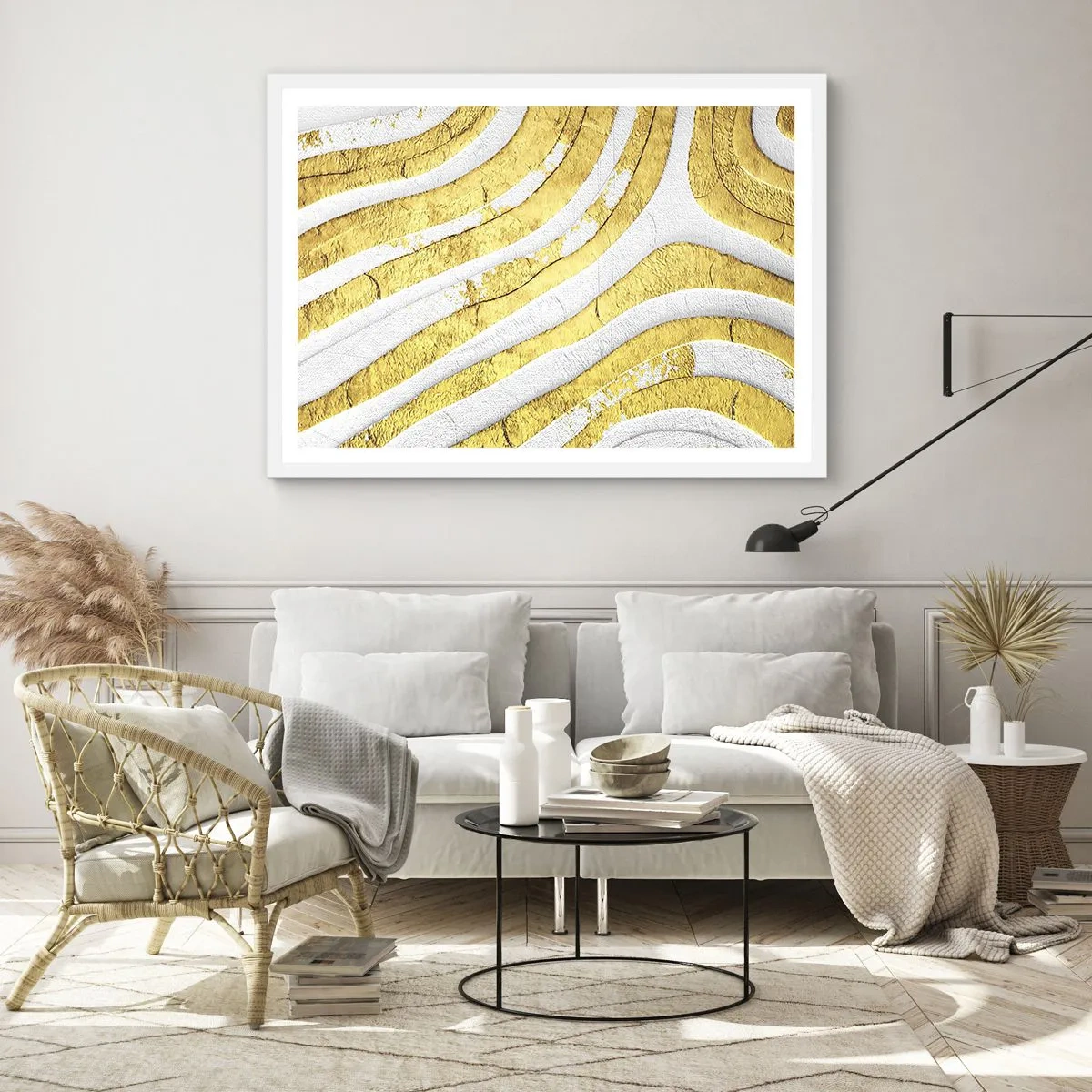 Poster in een witte lijst - Compositie in wit en goud - 70x50 cm