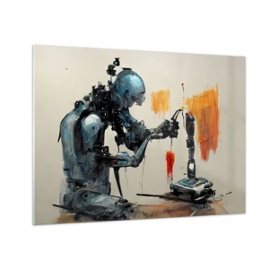 Schilderen op glas - Een robot schildert een mechanische hand op een abstracte achtergrond. - 70x50cm - Morgen al… - Moderne wanddecoratie voor woonkamer en slaapkamer ARTTOR