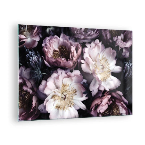 Schilderen op glas - Een romantisch boeket pioenrozen in gedempte paarse en roze tinten - 70x50cm - Boeket ouderwets - Moderne wanddecoratie voor woonkamer en slaapkamer ARTTOR