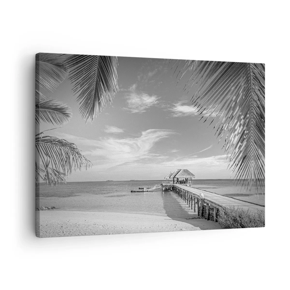 Schilderen op canvas - Zwart-wit strand met pier en palmbomen aan een tropische kust - 70x50cm - Herinnering of droom? - Moderne wanddecoratie voor woonkamer en slaapkamer ARTTOR