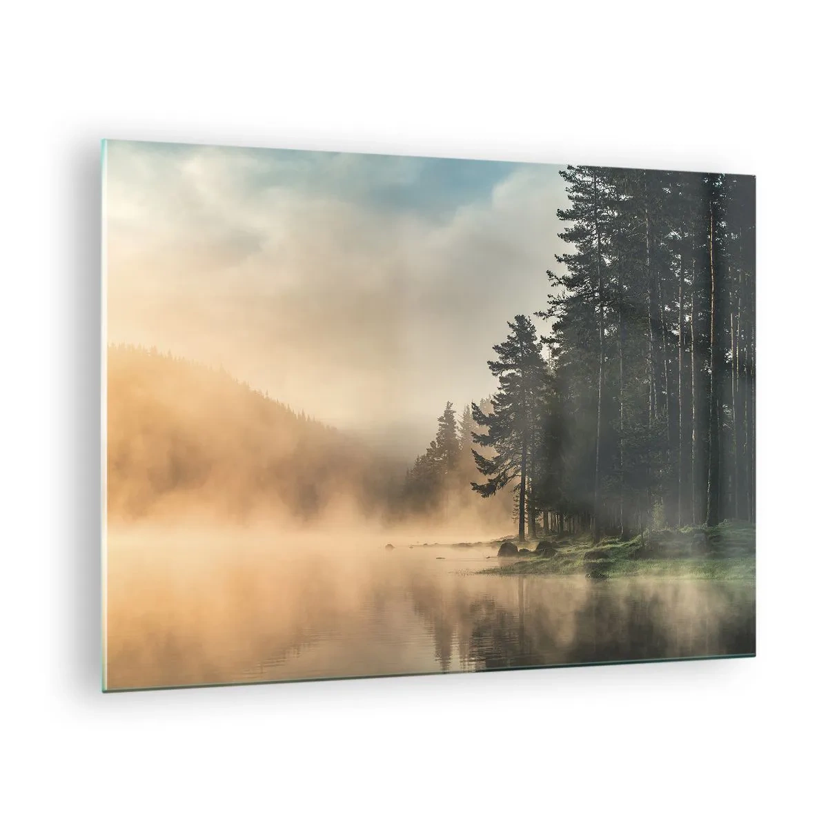 Schilderen op glas - Een mistige ochtend boven een bosmeer - 70x50cm - De geboorte van de dag - Moderne wanddecoratie voor woonkamer en slaapkamer ARTTOR