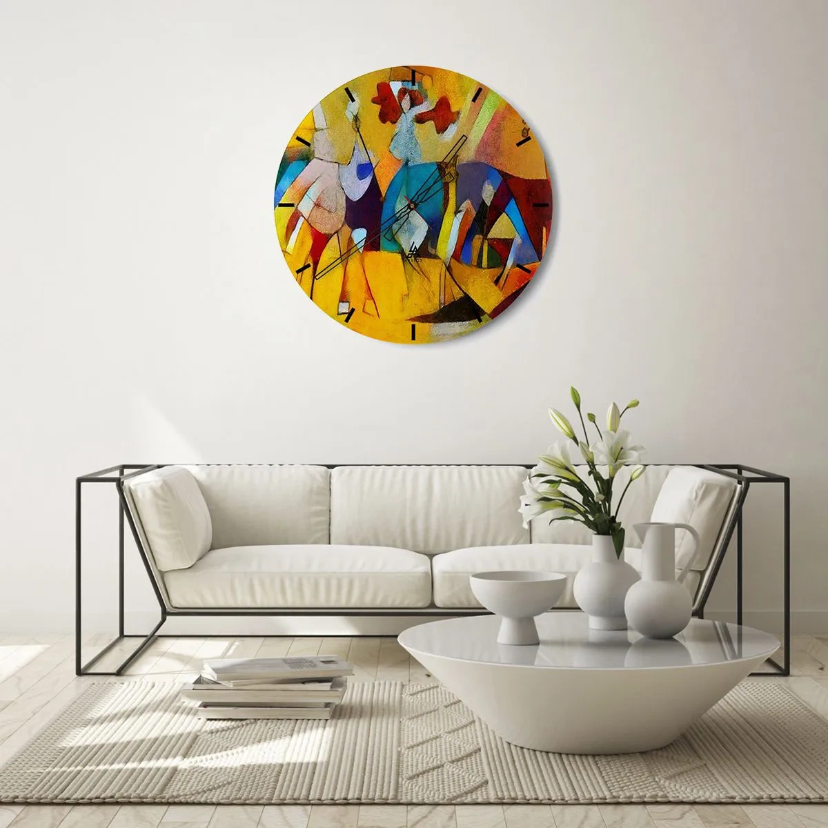 Wandklok - Klok - Kleurrijke abstractie met menselijke silhouetten en dynamische kleuren - 30x30cm - Zon - leven - vreugde - Moderne wanddecoratie voor woonkamer, keuken en slaapkamer ARTTOR