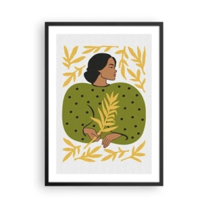 Poster in een zwarte lijst - Portret van een vrouw in een groene jurk met een geel blad, met een delicaat patroon - 50x70cm - Hawaiiaans meisje - Moderne wanddecoratie voor woonkamer en slaapkamer ARTTOR
