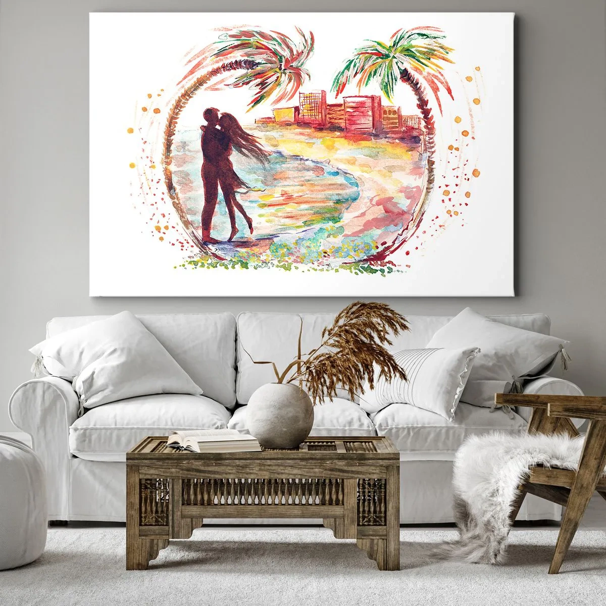 Schilderen op canvas - Romantisch koppel op een strand met palmbomen in aquarel - 70x50cm - Romantische vakantie - Moderne wanddecoratie voor woonkamer en slaapkamer ARTTOR
