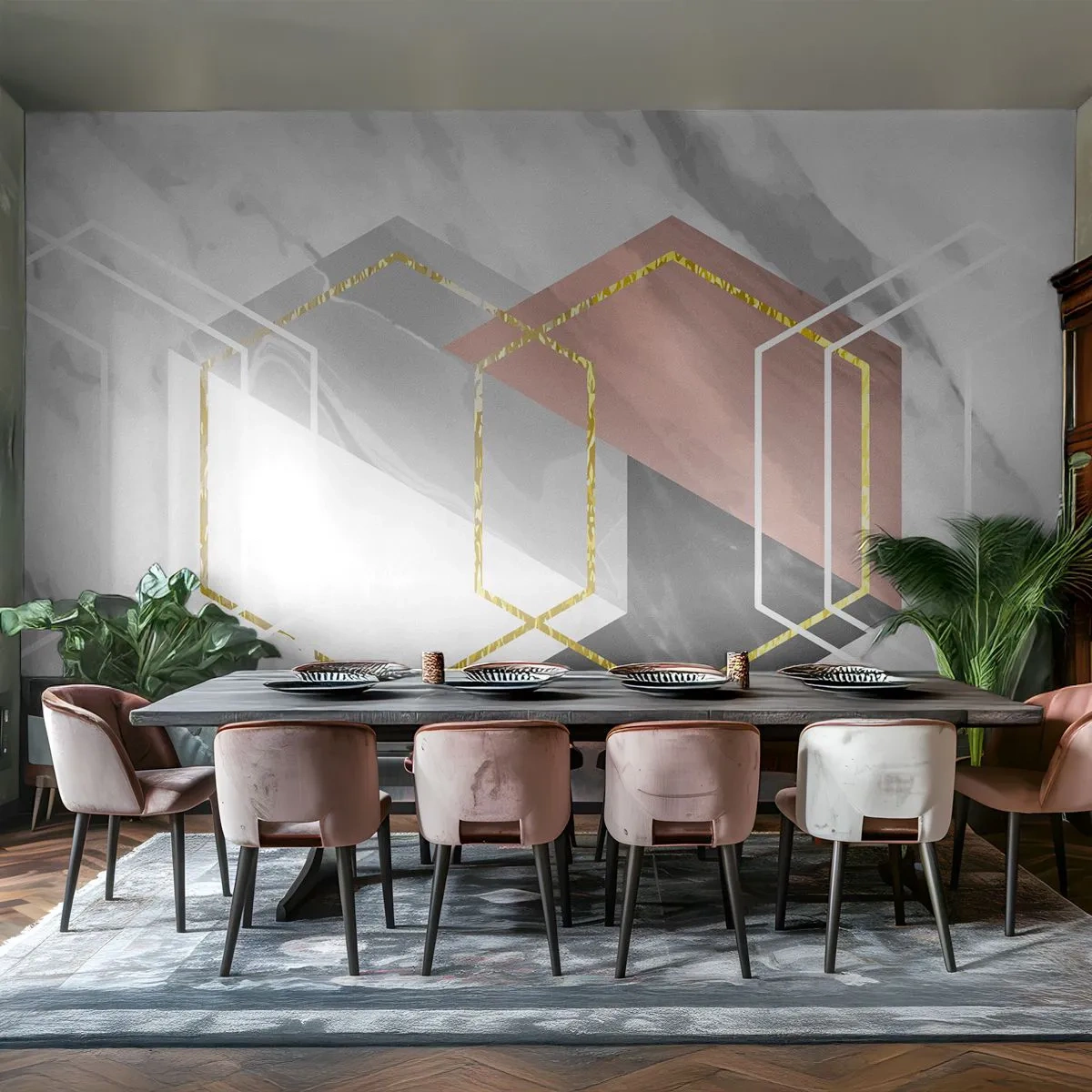 Fotobehang Premium Sand - Keten samenstelling - Abstractie, Deel, Zeshoek - 450x315 cm