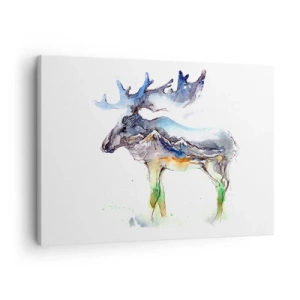 Schilderen op canvas - Aquarelsilhouet van een eland met een berglandschap - 70x50cm - De held van een winters verhaal - Moderne wanddecoratie voor woonkamer en slaapkamer ARTTOR