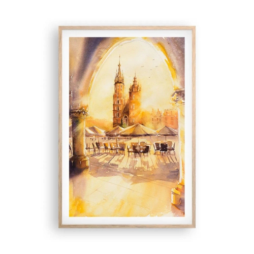Een poster in een licht eiken lijst - Zonsopgang boven het marktplein van Krakau - 61x91 cm