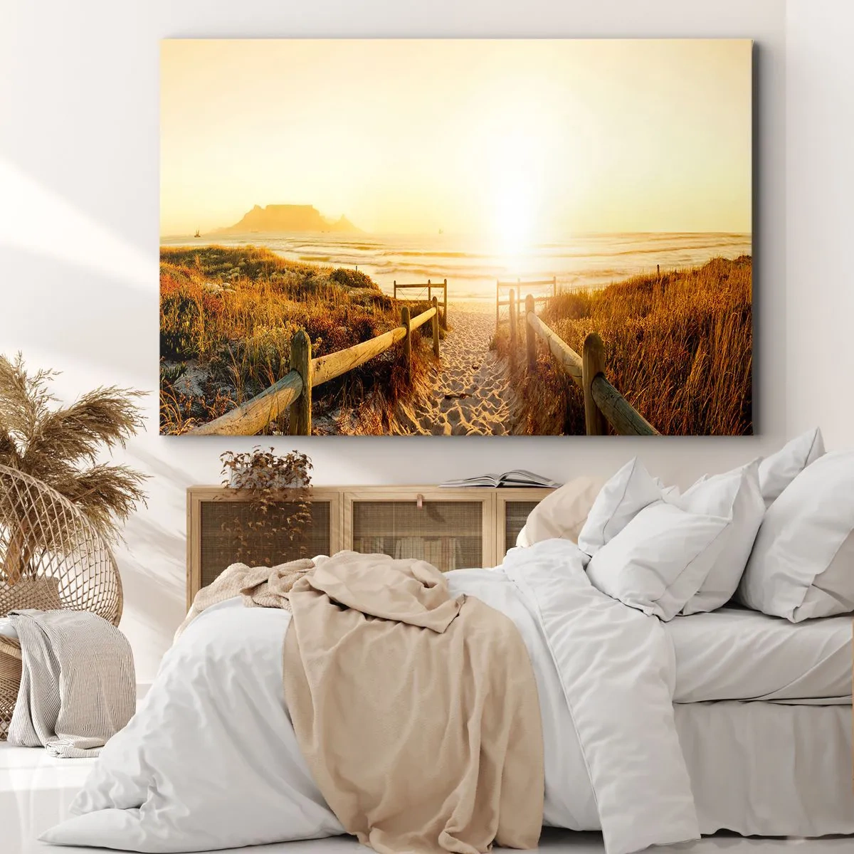 Schilderen op canvas - Pad naar het strand tijdens een gouden zonsondergang - 70x50cm - Over het duin, richting de zon - Moderne wanddecoratie voor woonkamer en slaapkamer ARTTOR
