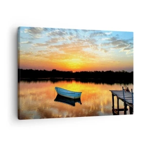 Schilderen op canvas - Een boot op een kalm meer tijdens zonsondergang - 70x50cm - Kijk, luister, mediteer - Moderne wanddecoratie voor woonkamer en slaapkamer ARTTOR