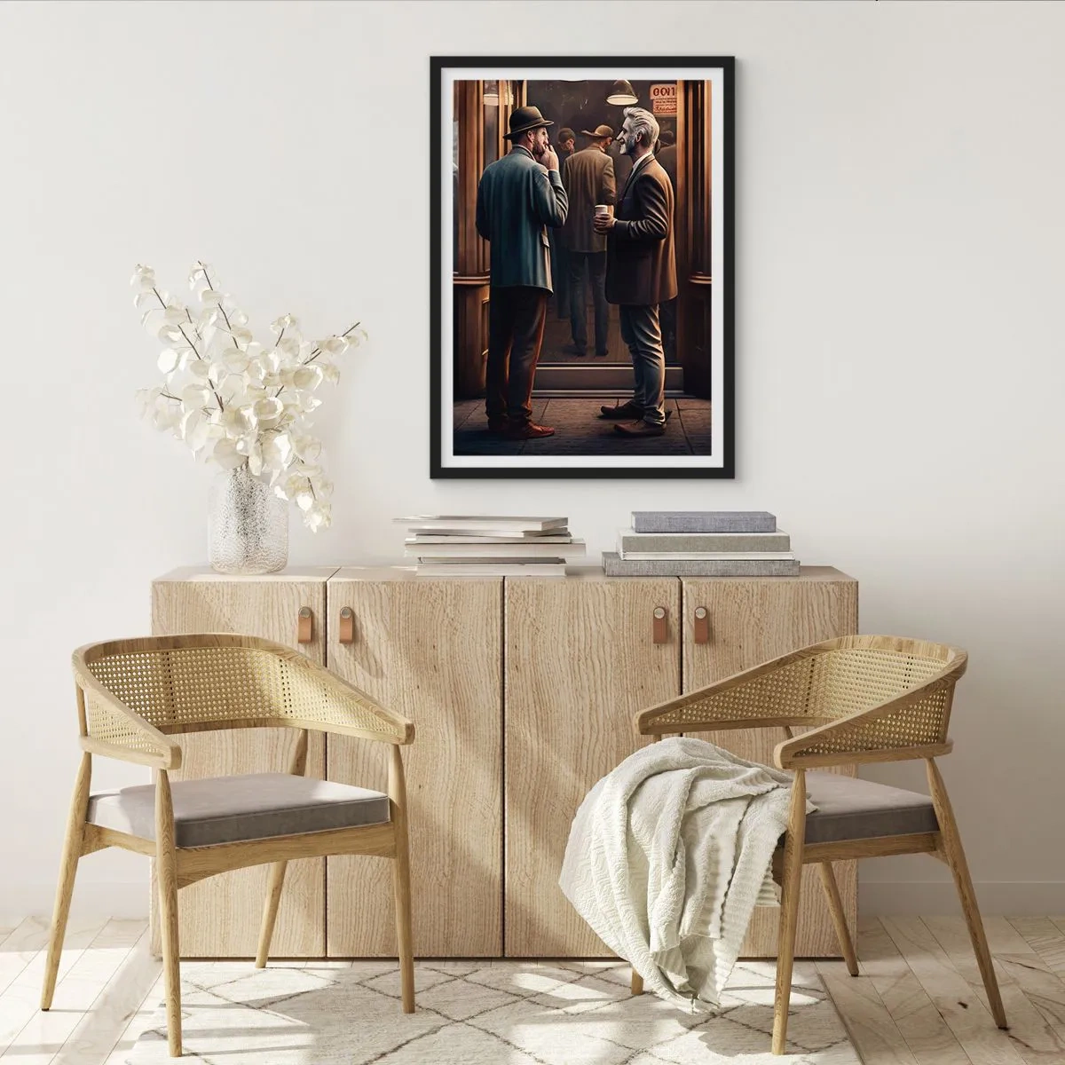 Poster in een zwarte lijst - Twee elegante mannen praten voor een café - 50x70cm - Een goed moment van de dag - Moderne wanddecoratie voor woonkamer en slaapkamer ARTTOR