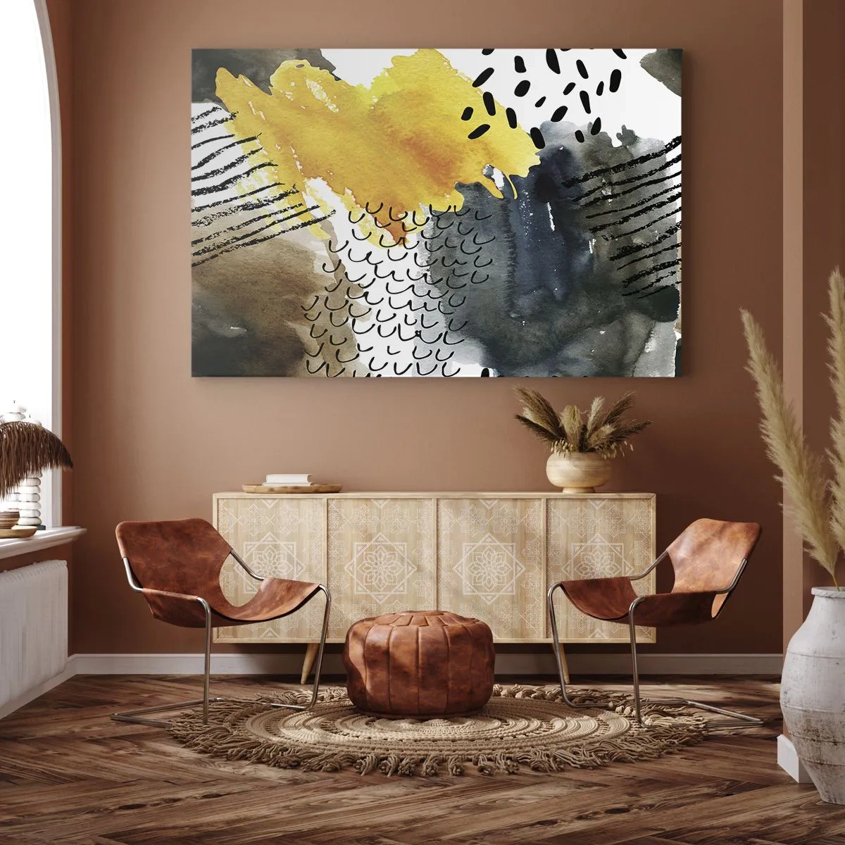 Schilderen op canvas - Een abstracte compositie met gele accenten en grafische patronen. - 70x50cm - Een ontmoeting van de elementen - Moderne wanddecoratie voor woonkamer en slaapkamer ARTTOR