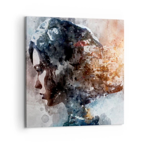 Schilderen op canvas - Een verhaal over een meisje met een stad op de achtergrond - 60x60 cm