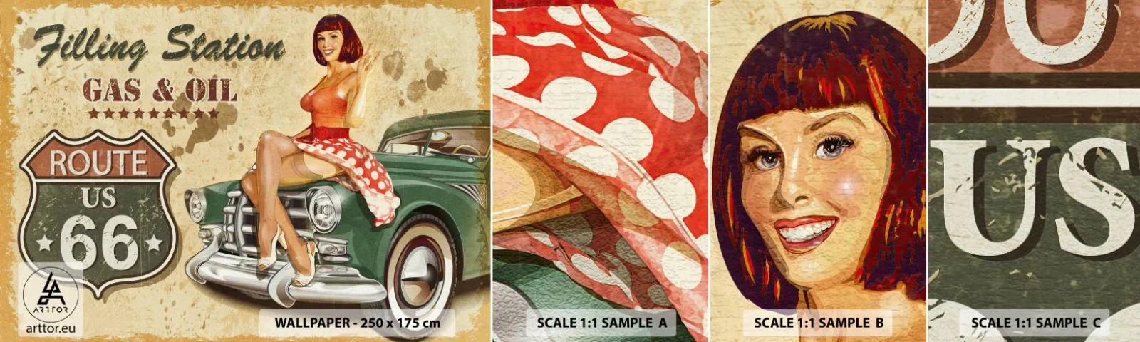 Fotobehang Monster Zelfklevend Deluxe Sticker - De grote jaren 40. - Route 66, Auto, Automobiel - 100x30 cm