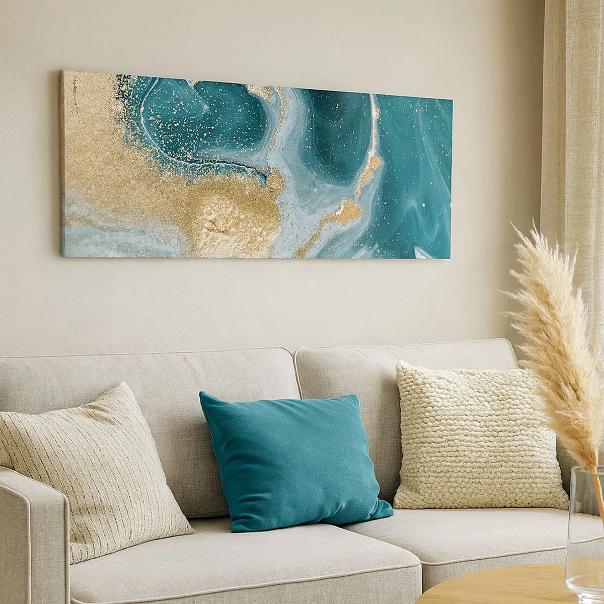 Schilderen op canvas - Een werveling van goud en turkoois - 100x40 cm