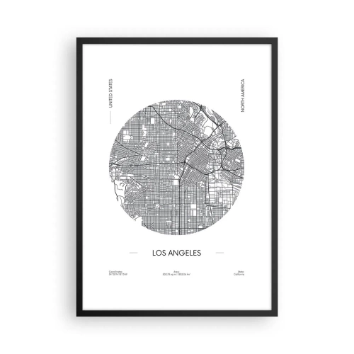 Poster in een zwarte lijst - Een minimalistische kaart van Los Angeles in zwart-wit. - 50x70cm - Anatomie van Los Angeles - Moderne wanddecoratie voor woonkamer en slaapkamer ARTTOR