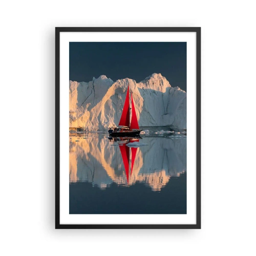 Poster in een zwarte lijst - Het rode zeil van een boot tegen de achtergrond van gletsjers en kalm water - 50x70cm - Aan de rand van de wereld - Moderne wanddecoratie voor woonkamer en slaapkamer ARTTOR