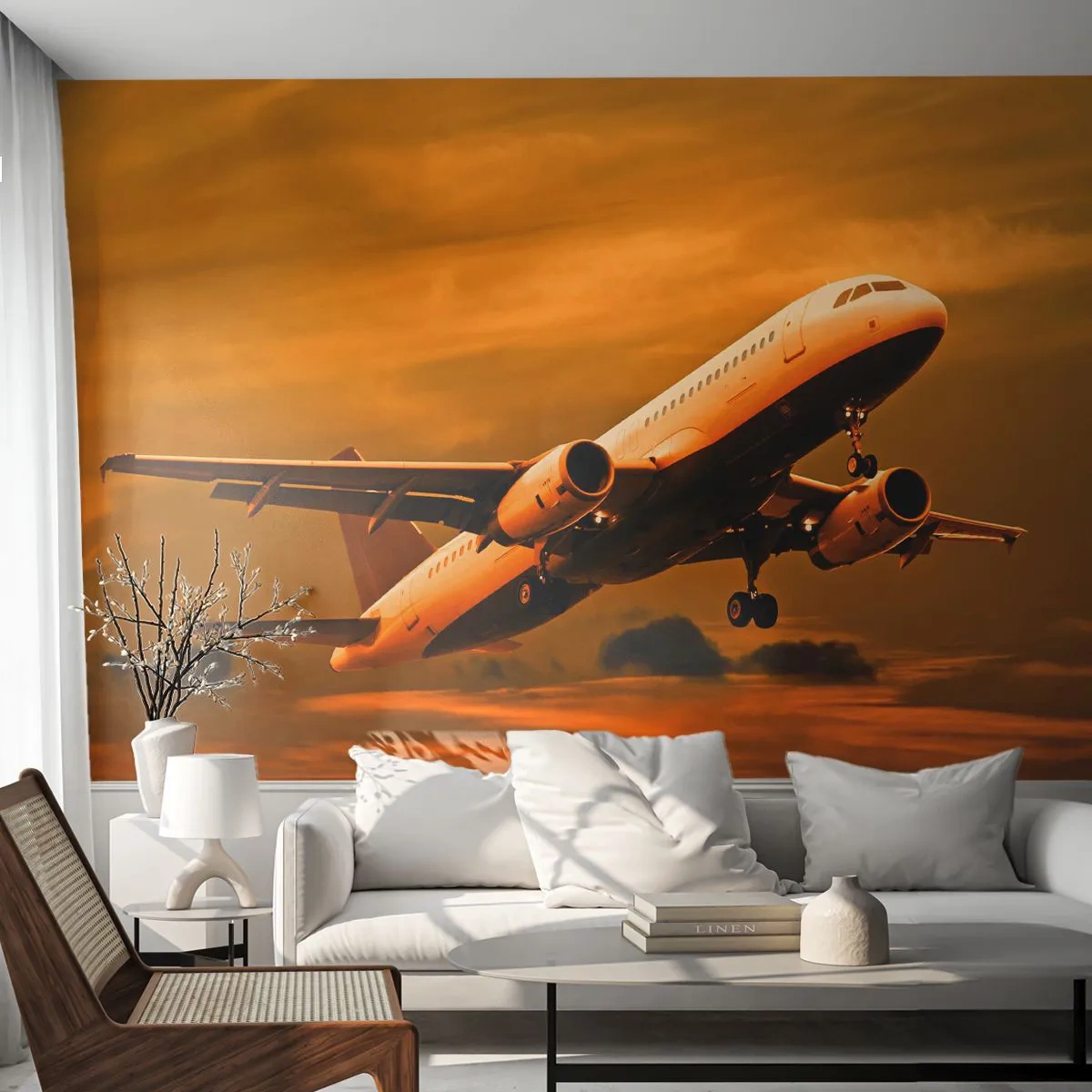 Fotobehang Premium Canvas - Vlucht naar de zon - Vliegtuig, Reis, Zonsondergang - 300x210 cm