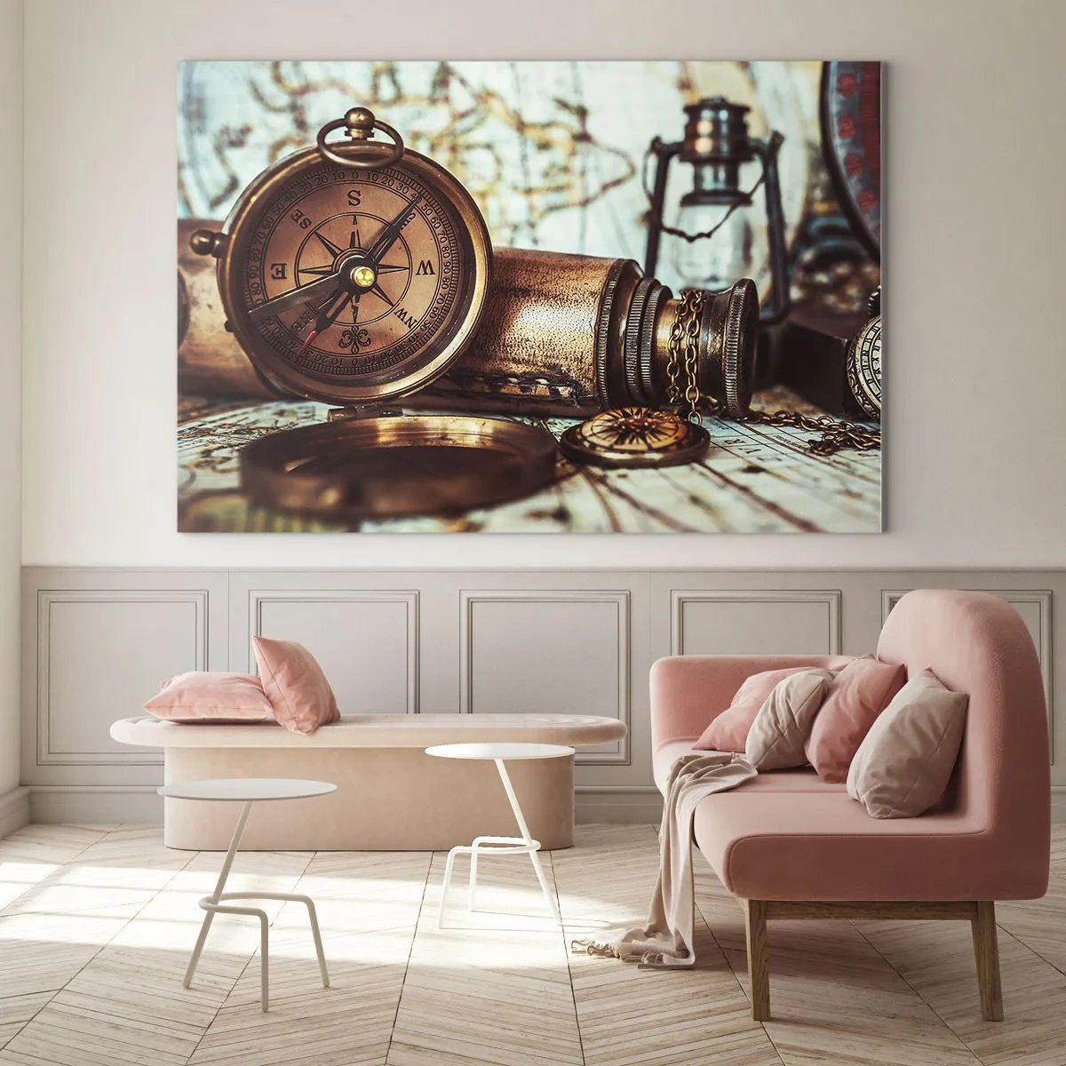 Schilderen op glas - Een antiek kompas en kaart tegen de achtergrond van piratenavonturen - 70x50cm - Een piratenavontuur in het Caribisch gebied wacht op je - Moderne wanddecoratie voor woonkamer en slaapkamer ARTTOR