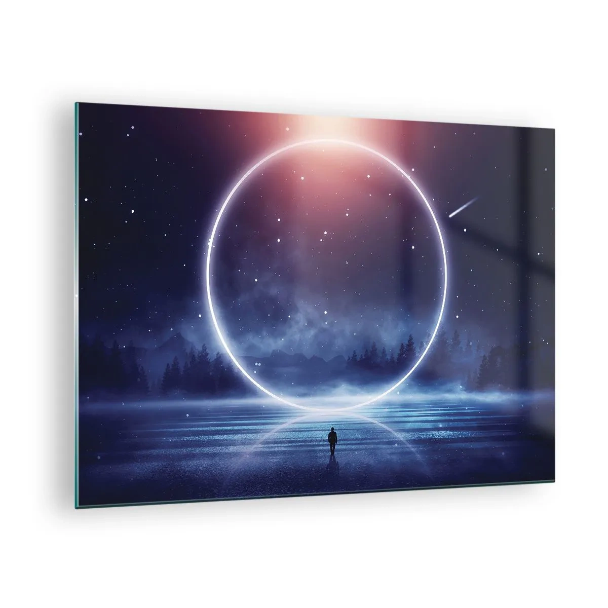 Schilderen op glas - Een cirkel van licht boven het meer tussen de nachtelijke hemel en het bos - 70x50cm - Ze zijn er al... - Moderne wanddecoratie voor woonkamer en slaapkamer ARTTOR