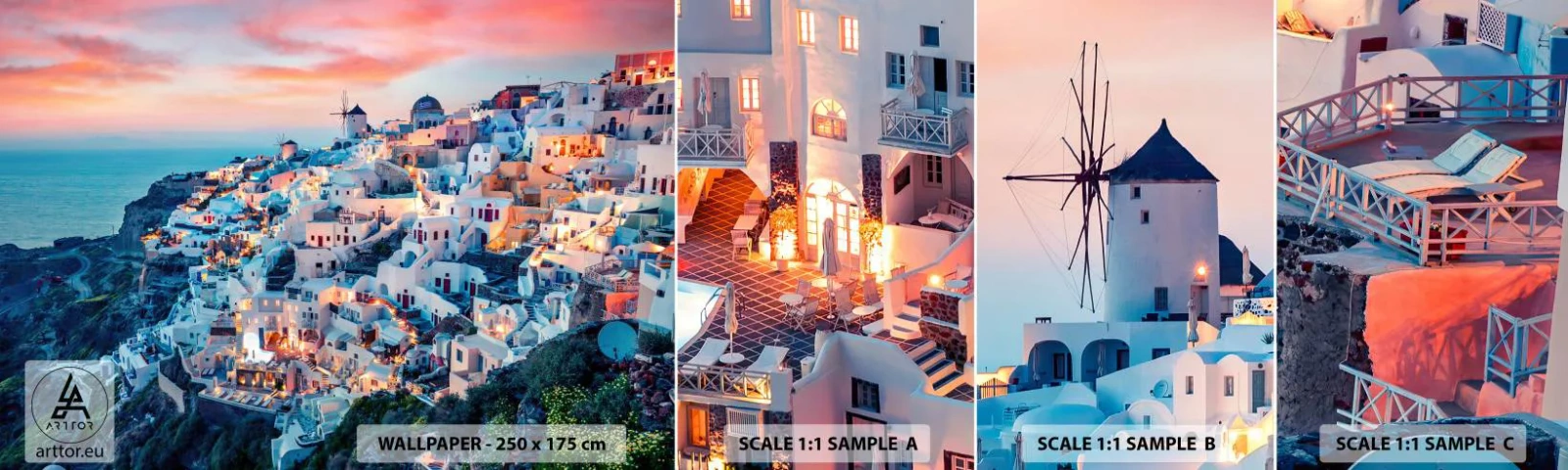 Fotobehang Monster Zelfklevend Deluxe Sticker - Je geweldige Griekse vakantie - Landschap, Griekenland, Santorini - 100x30 cm