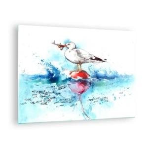 Schilderen op glas - Een meeuw op een boei met een vis op de achtergrond van zeegolven - 70x50cm - Succesvolle vangst - Moderne wanddecoratie voor woonkamer en slaapkamer ARTTOR