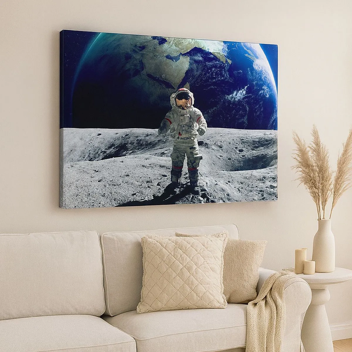 Schilderen op canvas - Astronaut op het maanoppervlak met de aarde op de achtergrond - 70x50cm - Groetjes van de maan - Moderne wanddecoratie voor woonkamer en slaapkamer ARTTOR