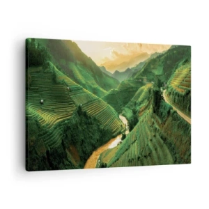 Schilderen op canvas - Pittoreske rijstterrassen in een groene vallei verlicht door de ondergaande zon - 70x50cm - Vietnamese vallei - Moderne wanddecoratie voor woonkamer en slaapkamer ARTTOR