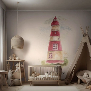 Fotobehang Standard Eco - Rode en witte aquarelvuurtoren - 100x70cm - Er is altijd goed weer in de buurt - Moderne wanddecoratie voor woonkamer en slaapkamer ARTTOR