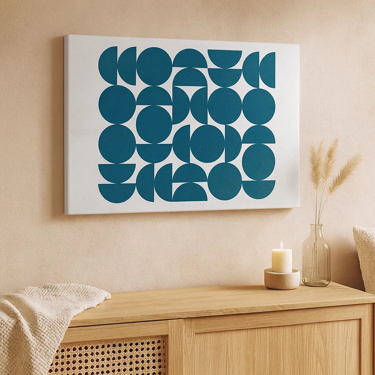Schilderen op canvas - Geometrische vormen in tinten marineblauw op een witte achtergrond - 70x50cm - Cirkels en halfcirkels - Moderne wanddecoratie voor woonkamer en slaapkamer ARTTOR