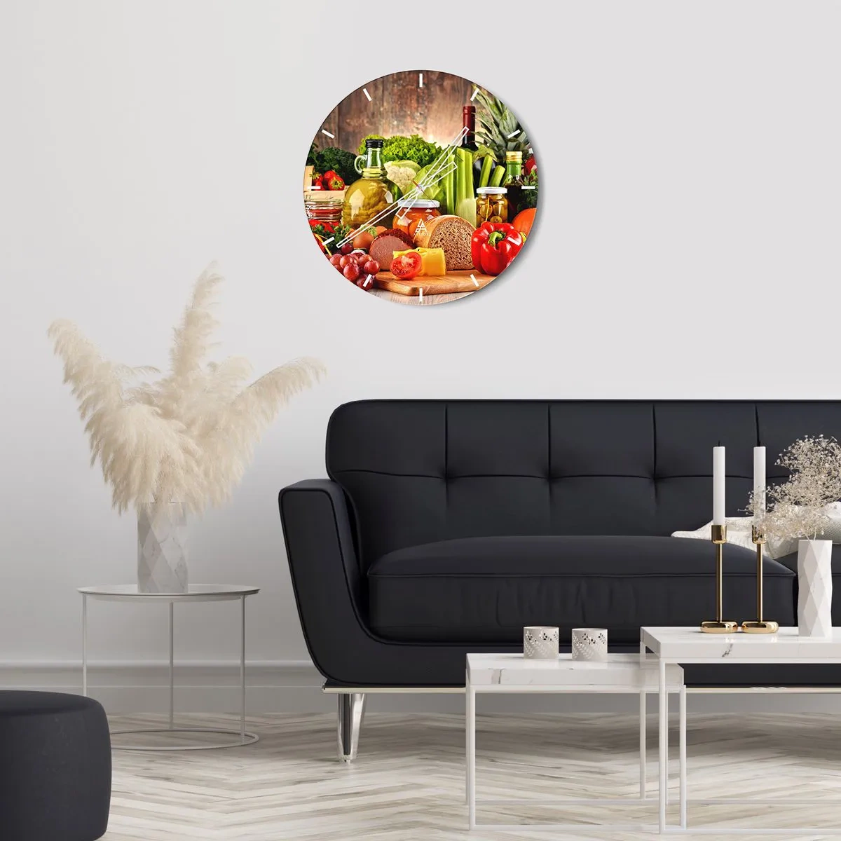 Wandklok - Klok - Verschillende voedselproducten op een houten achtergrond - 30x30cm - Gerookt, gebakken en gemarineerd - Moderne wanddecoratie voor woonkamer, keuken en slaapkamer ARTTOR