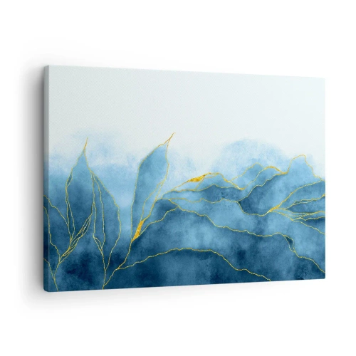 Schilderen op canvas - Abstracte golven in tinten blauw met gouden accenten - 70x50cm - Blauw in goud - Moderne wanddecoratie voor woonkamer en slaapkamer ARTTOR