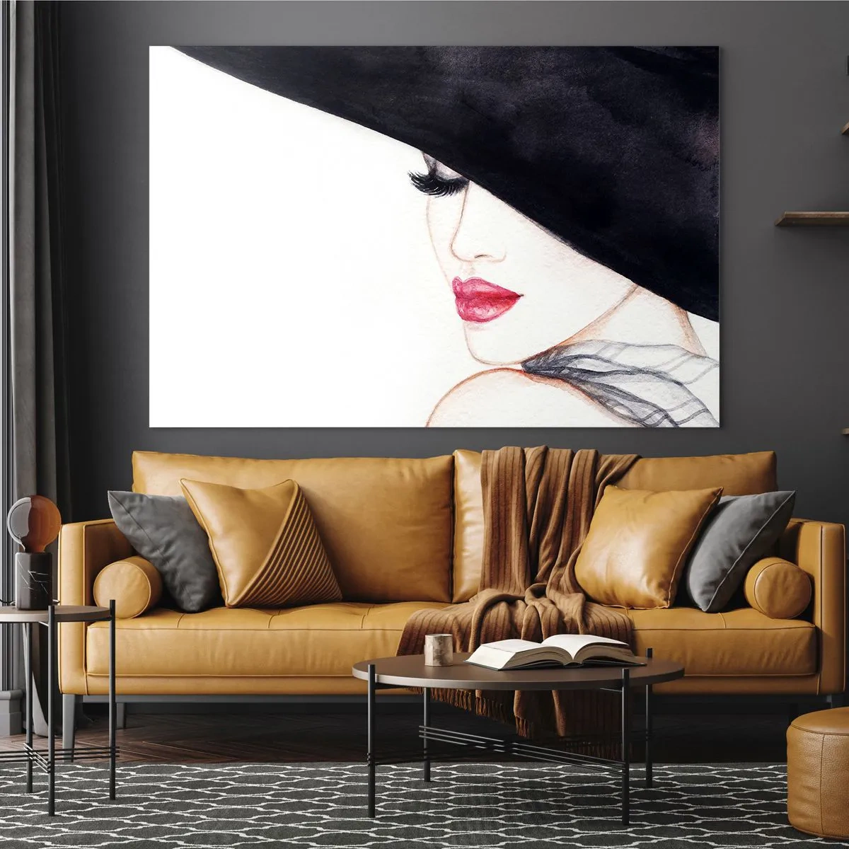 Schilderen op glas - Een subtiel portret van een vrouw met een hoed en rode lippen - 70x50cm - Elegantie en sensualiteit - Moderne wanddecoratie voor woonkamer en slaapkamer ARTTOR