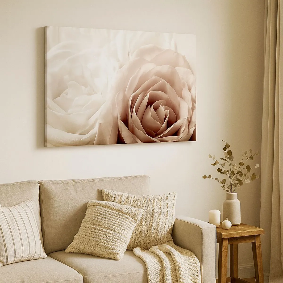 Schilderen op canvas - Delicate rozen in pasteltinten beige - 70x50cm - In het hart van een roos - Moderne wanddecoratie voor woonkamer en slaapkamer ARTTOR